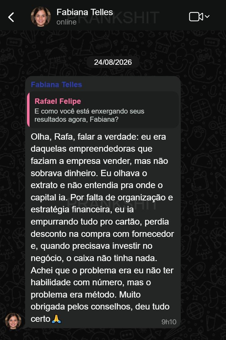 Print autorizado do depoimento de Fabiana Telles sobre a mentoria financeira empresarial